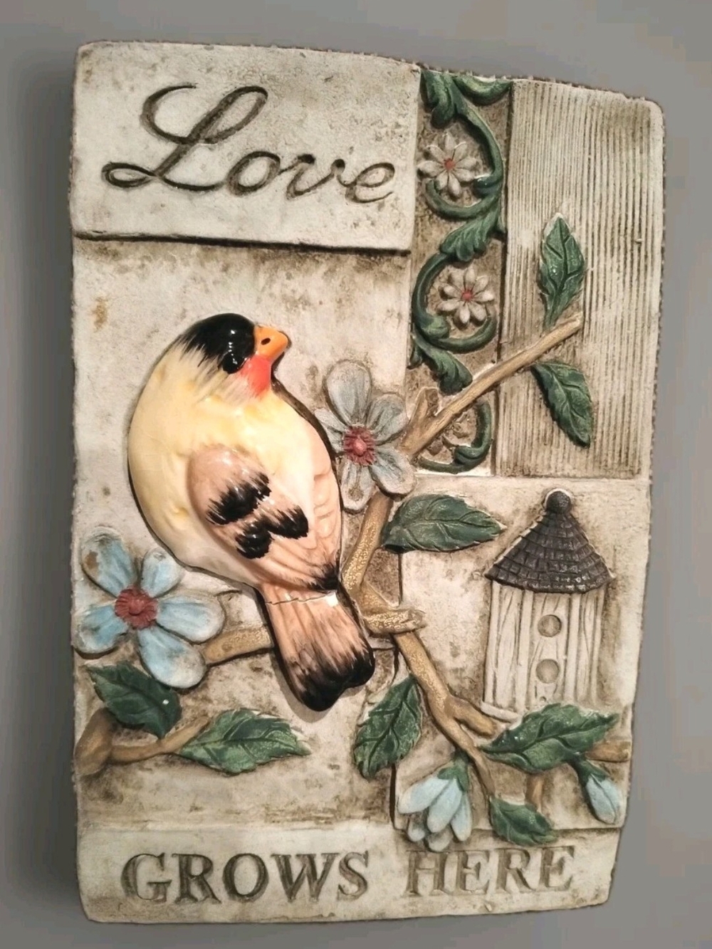 Vintage Chalkware Love Grows Here  Bird Wall Art Hanging